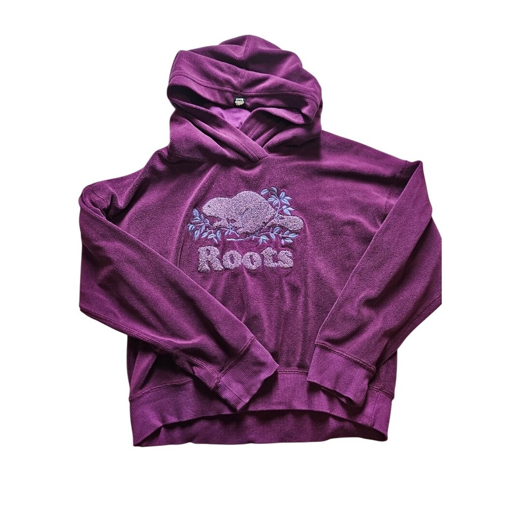 Roots Kids Purple Fleece Hoodie Beaver Logo Pullover Sweatshirt Girls XL 11-12